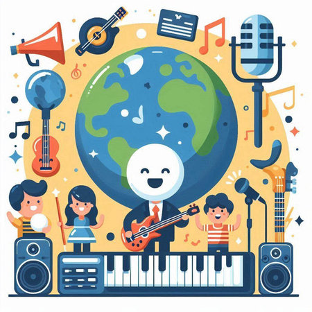 Vector flat illustration of world music day with musical instruments and musician characters.のイラスト素材