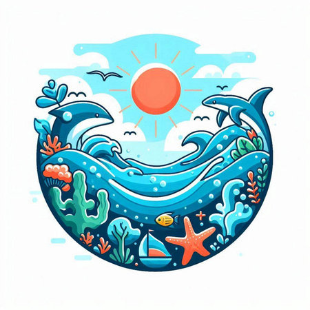 Vector illustration with dolphins in the sea, starfish and seaweed.のイラスト素材