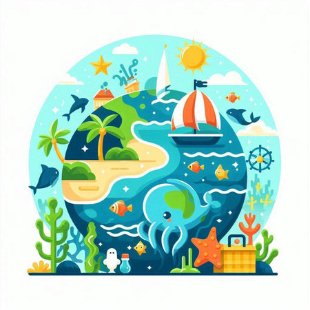 Sea life flat vector illustration. Cartoon sea world with ocean and animals.のイラスト素材