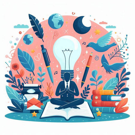 Vector illustration of a businessman meditating in lotus pose with lightbulb, books, pencils, feathers and other elements.のイラスト素材