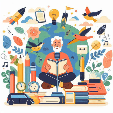 Vector illustration of an old man sitting on a pile of books and reading a book.のイラスト素材