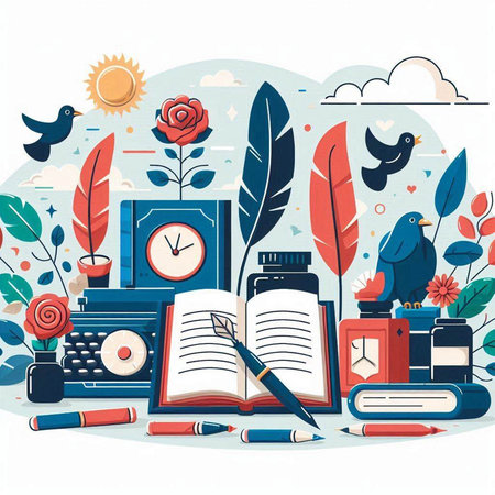 Vector illustration of back to school background with books, diary, clock, flowers, birds and other items.のイラスト素材