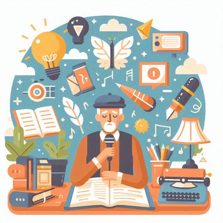 Vector illustration of a writer with a book in his hands and a typewriter.のイラスト素材