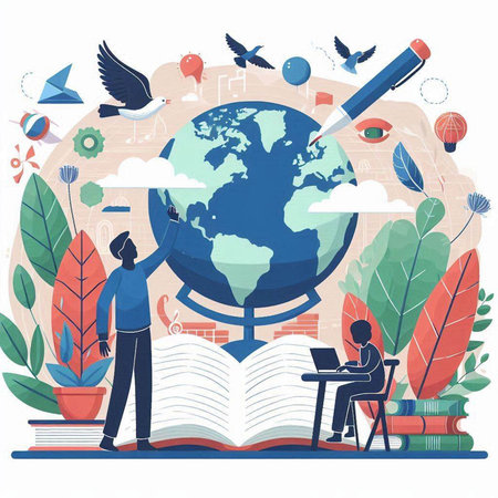Vector illustration of a student with a globe, books, pencils and notebooks.のイラスト素材