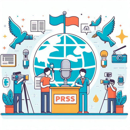 Journalist at the podium with microphones. Flat design vector illustration.のイラスト素材