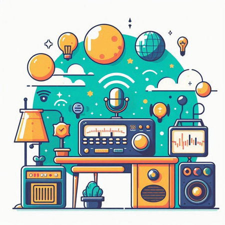 Home music and sound studio concept. Vector illustration in line art style.のイラスト素材