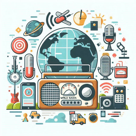 Vector illustration of flat line icons of radio, radio receiver, microphone, headphones, world map and other elements.のイラスト素材