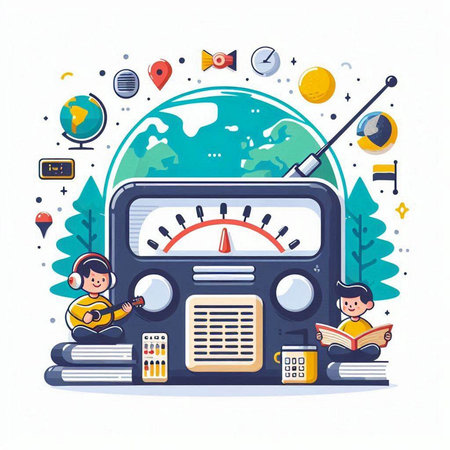 Radio with children. Vector illustration in a flat style on white background.のイラスト素材