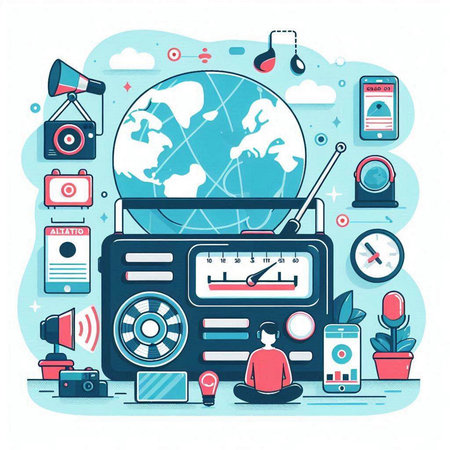 Flat design illustration of radio station with world map, speaker, microphone, headphones and other accessories.のイラスト素材