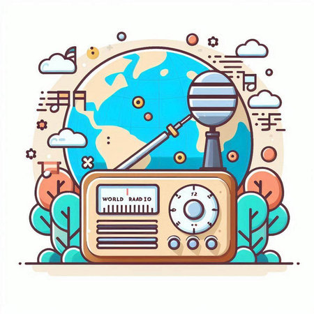 Vintage radio flat vector illustration. Radio with antenna, world map and clouds on the background.のイラスト素材