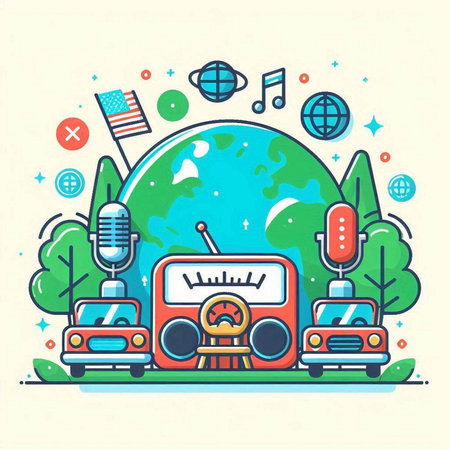 Vintage radio set on the background of the earth. Vector illustrationのイラスト素材