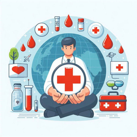 Doctor with a stethoscope in his hands. Flat vector illustration.のイラスト素材