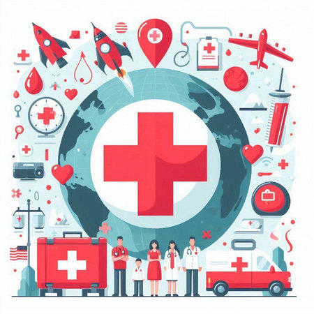 Medical and healthcare concept with doctor, nurse, ambulance, globe, first aid kit. Vector illustrationのイラスト素材
