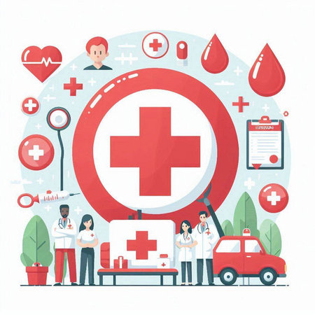 Vector illustration of a group of doctors and nurses with a red cross in the center.のイラスト素材
