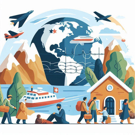 Traveling around the world concept vector illustration. Cartoon flat people characters with luggage, plane, ship, cruise liner, earth globe and mountains.のイラスト素材