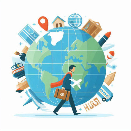Flat design vector illustration concept of traveling around the world. Man with suitcase and map.のイラスト素材