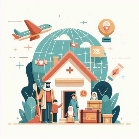 Vector illustration of a family traveling around the world. Flat style designのイラスト素材