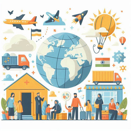 Vector illustration of people traveling around the world. Concept for web banners and printed materials.のイラスト素材