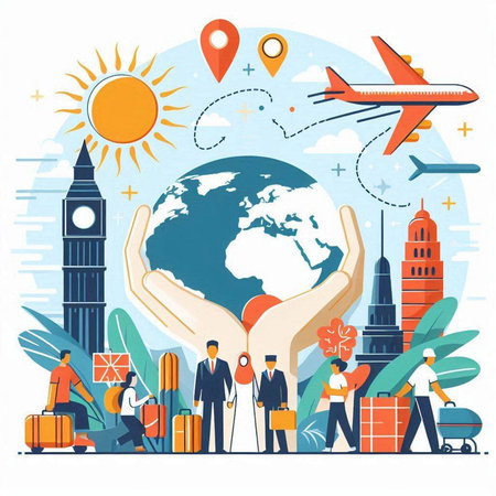 Traveling around the world concept. Flat design vector illustration. Travel and tourism.のイラスト素材