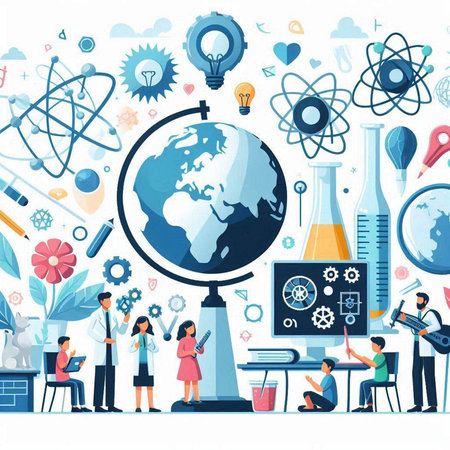 Science and education flat vector illustration. Cartoon scientist and students with globe, microscope, test tubes, flasks.のイラスト素材