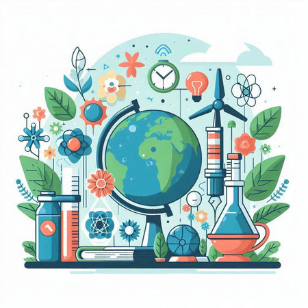 Vector science and education illustration with globe, flasks, flasks, plants and other elements.のイラスト素材