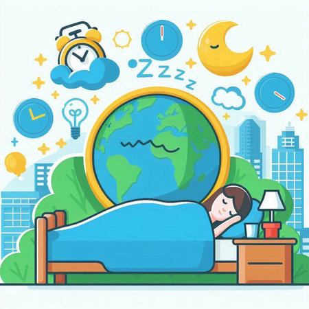 Woman sleeping in bed with alarm clock and world globe. Vector illustration.のイラスト素材