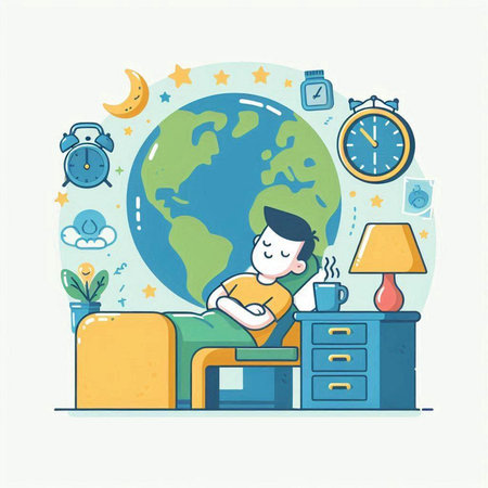 Vector illustration of a man sitting at a desk in front of the worldのイラスト素材
