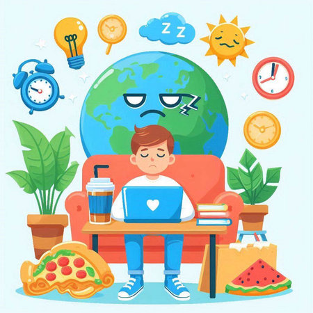 Cartoon vector illustration of a boy sitting on the couch with a laptop in his hands and watching a movieのイラスト素材