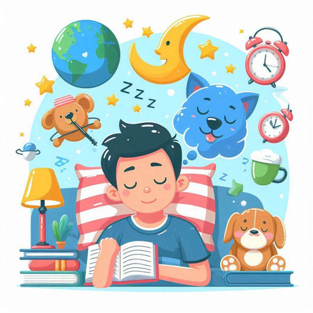 Boy reading a book with toys. Vector illustration in cartoon style.のイラスト素材