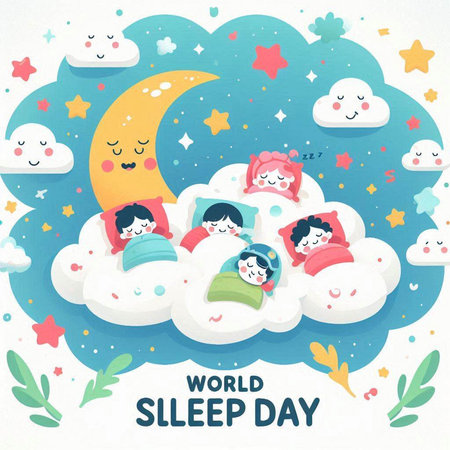World Sleep Day. Cute kids on the clouds. Vector illustration.のイラスト素材
