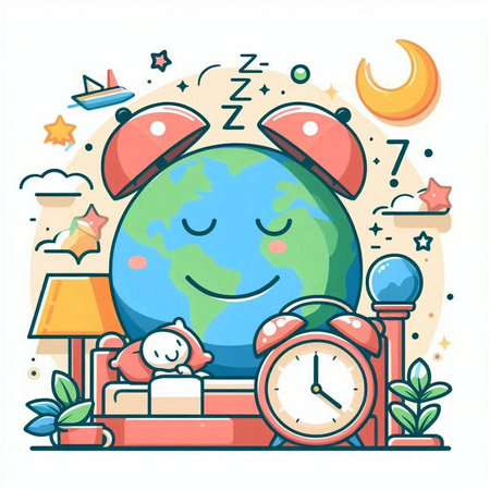Vector illustration of cute cartoon globe with alarm clock and toys. Time management concept.のイラスト素材