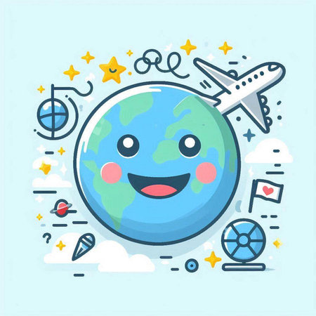 Cute cartoon planet earth character. Vector illustration in thin line style.のイラスト素材