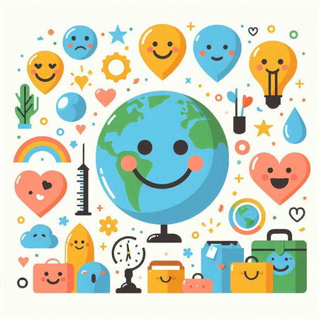 Vector illustration of happy world with social media icons and elements in flat styleのイラスト素材