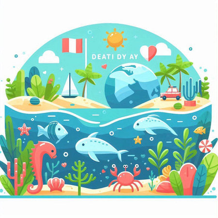 Sea landscape. Vector illustration in flat cartoon style. Marine life.のイラスト素材