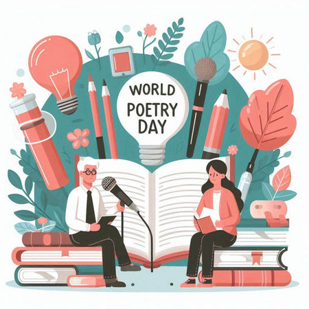 World book day concept. People sitting on books and reading. Flat vector illustration.のイラスト素材