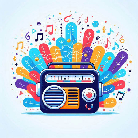 Retro radio with colorful notes on colorful background. Vector illustration.のイラスト素材