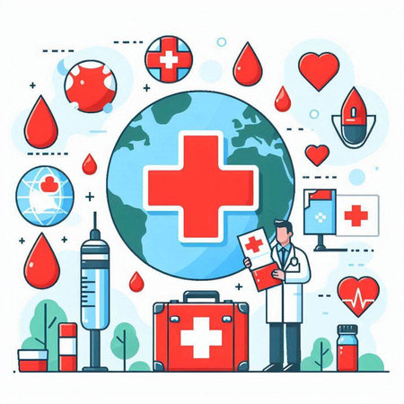Vector illustration of World Health Organization, Healthcare and Medicine concept. Flat line design style.のイラスト素材