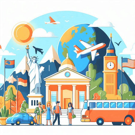 Traveling around the world. Colorful vector illustration in cartoon styleのイラスト素材