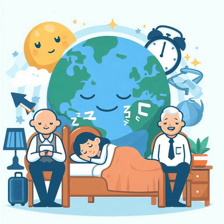 Senior couple sleeping in bed at home. Flat style vector illustration.のイラスト素材