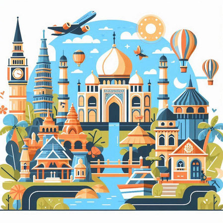 Traveling around the world. Colorful flat vector illustration with famous monuments and landmarks.のイラスト素材