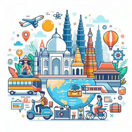 Travel around the world concept. Vector illustration in thin line style.のイラスト素材