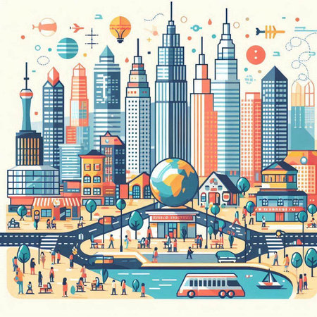 City landscape with buildings, roads and people. Vector illustration in flat styleのイラスト素材