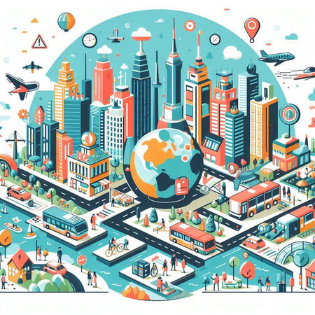 Cityscape with buildings, roads and people. Vector illustration in flat styleのイラスト素材