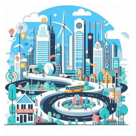 City life concept. Urban landscape with buildings, roads and people. Vector illustrationのイラスト素材