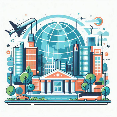 Vector illustration of modern city landscape with skyscrapers, buildings, road and flying plane on white background. Line art design for web, site, advertising, banner, poster, board and print.のイラスト素材