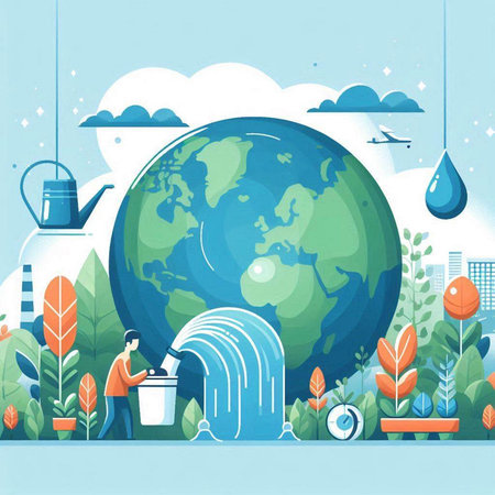 Vector illustration of a planet earth with water from a watering can. Environmental protection concept.のイラスト素材