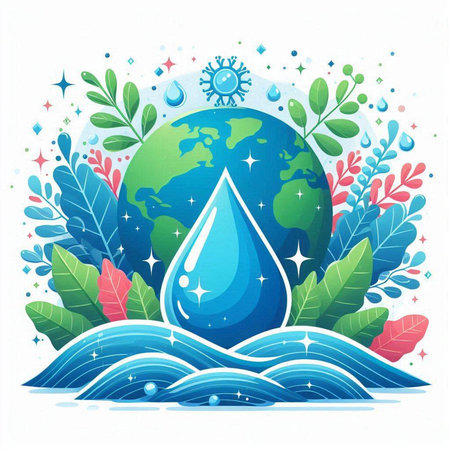 Save water concept with world map and water drop. Save the world vector illustration.のイラスト素材