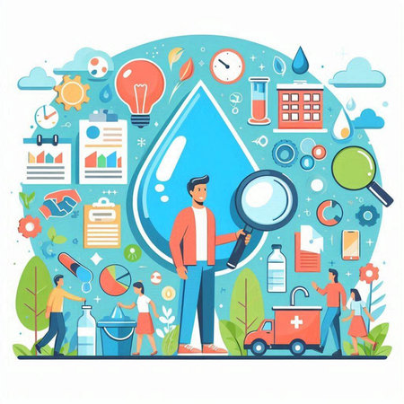 Flat design vector illustration concept of water pollution, environment protection, ecology, saving water, natural resources.のイラスト素材