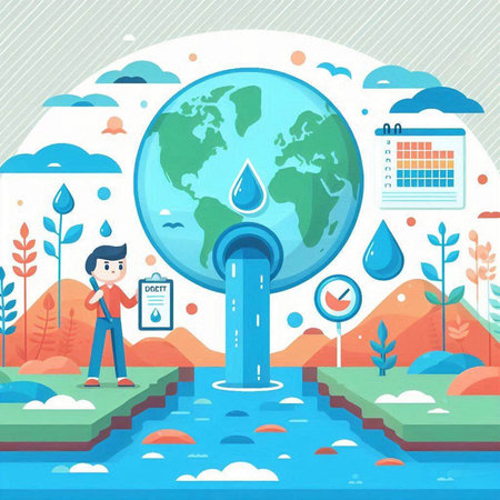 Save water concept with man looking at water drop, vector illustration.のイラスト素材