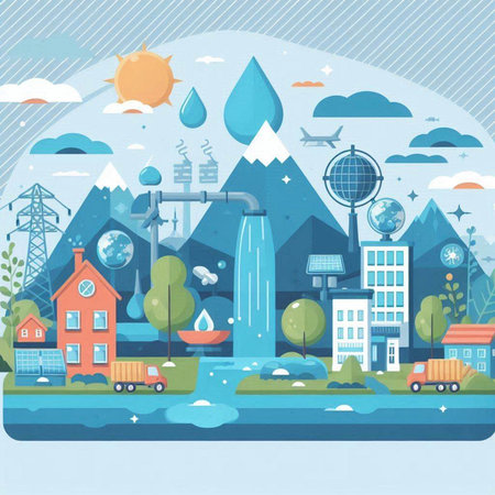 Ecology and environment concept. Vector flat cartoon illustration of city landscape with water, windmills, houses, trees, planet, globe and car.のイラスト素材